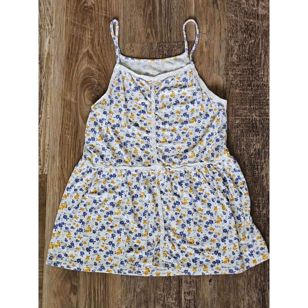American Eagle Floral Babydoll Cami Top Blue Yellow Lace Trim Peplum Womens Sm